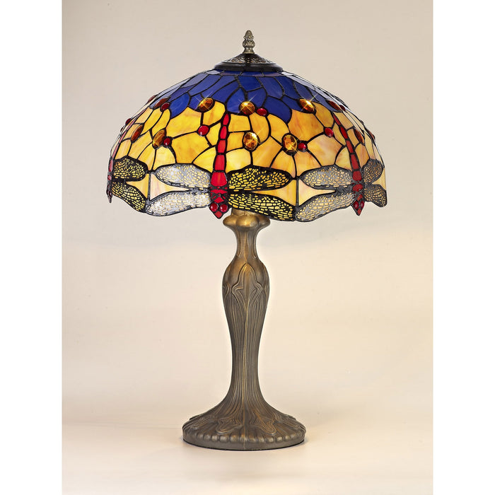 Nelson Lighting NLK04859 Heidi 2 Light Curved Table Lamp With 40cm Tiffany Shade Blue/Orange/Crystal/Aged Antique Brass