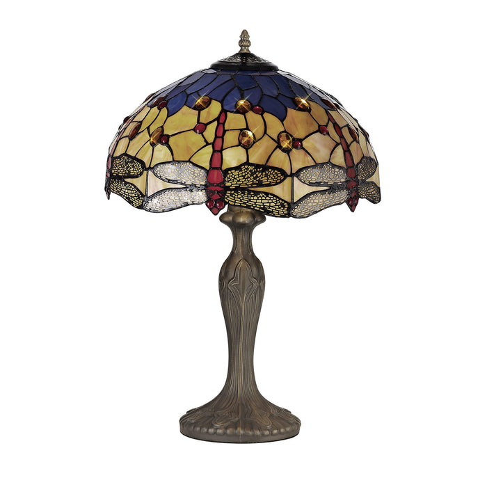 Nelson Lighting NLK04859 Heidi 2 Light Curved Table Lamp With 40cm Tiffany Shade Blue/Orange/Crystal/Aged Antique Brass