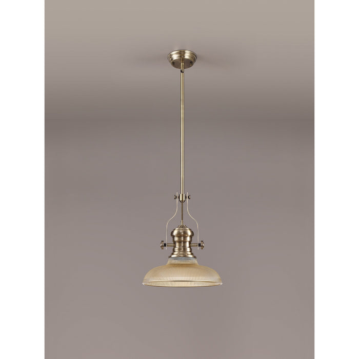 Nelson Lighting NLK01149 Louis 1 Light Telescopic Pendant With 30cm Round Glass Shade Antique Brass/Amber