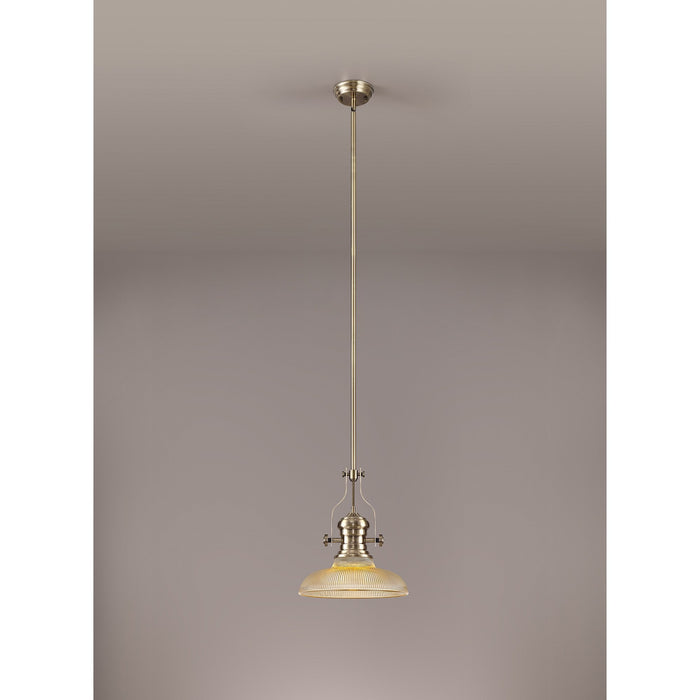 Nelson Lighting NLK01149 Louis 1 Light Telescopic Pendant With 30cm Round Glass Shade Antique Brass/Amber