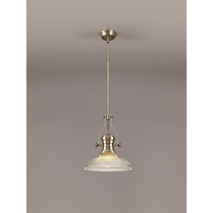 Nelson Lighting NLK01169 Louis 1 Light Telescopic Pendant With 30cm Round Glass Shade Antique Brass/Clear