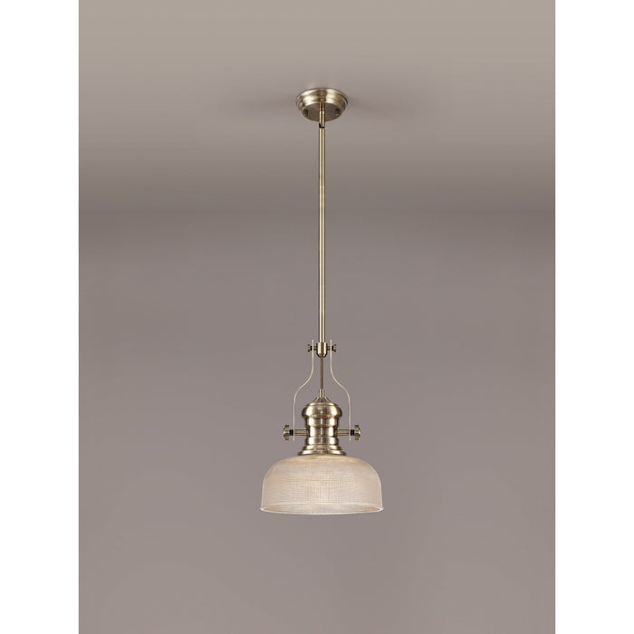 Nelson Lighting NLK01239 Louis 1 Light Telescopic Pendant With 26.5cm Prismatic Glass Shade Antique Brass/Clear