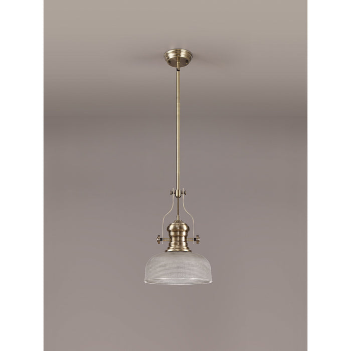 Nelson Lighting NLK01239 Louis 1 Light Telescopic Pendant With 26.5cm Prismatic Glass Shade Antique Brass/Clear