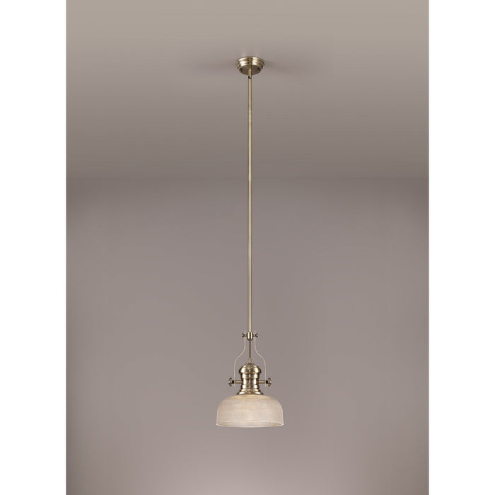 Nelson Lighting NLK01239 Louis 1 Light Telescopic Pendant With 26.5cm Prismatic Glass Shade Antique Brass/Clear