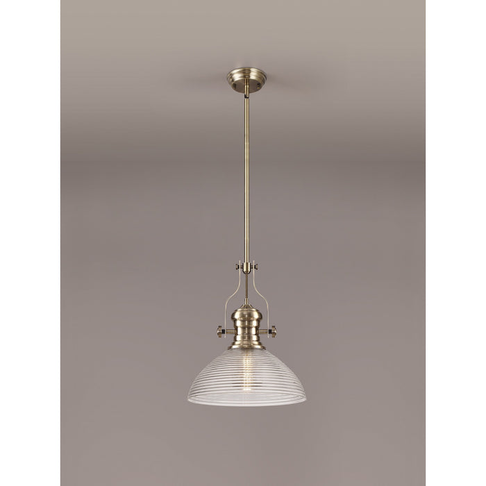 Nelson Lighting NLK01249 Louis 1 Light Telescopic Pendant With 33.5cm Prismatic Glass Shade Antique Brass/Clear