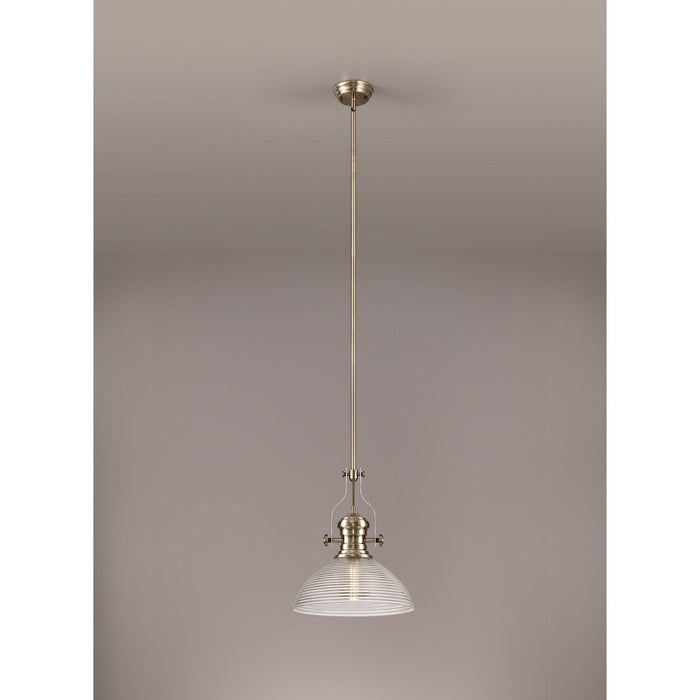 Nelson Lighting NLK01249 Louis 1 Light Telescopic Pendant With 33.5cm Prismatic Glass Shade Antique Brass/Clear