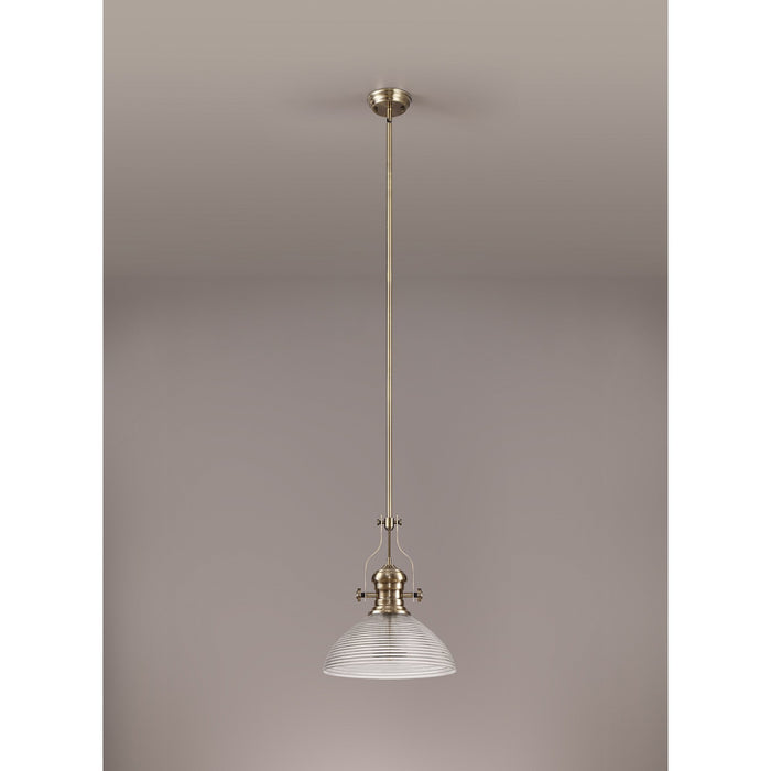 Nelson Lighting NLK01249 Louis 1 Light Telescopic Pendant With 33.5cm Prismatic Glass Shade Antique Brass/Clear