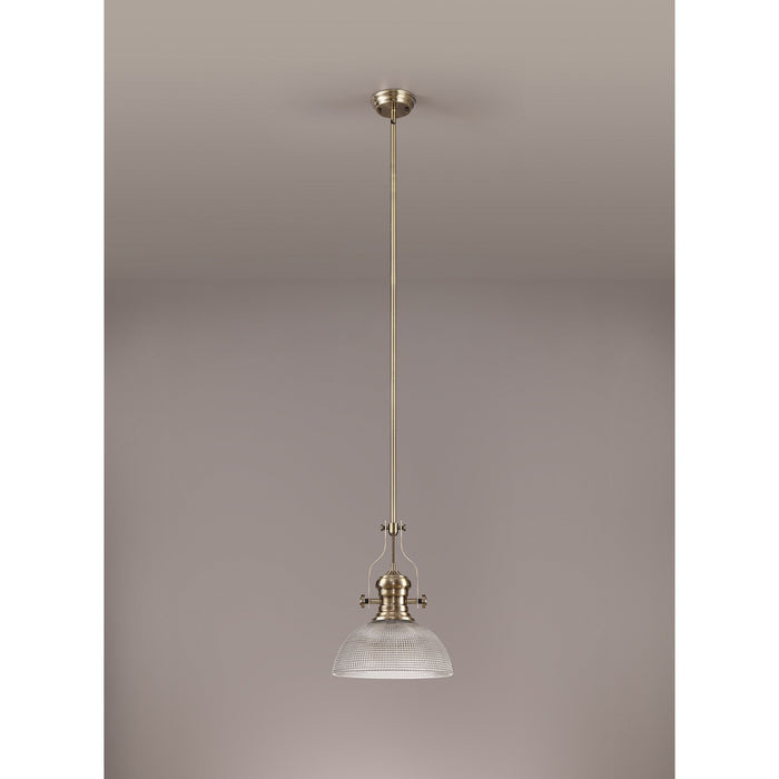 Nelson Lighting NLK01259 Louis 1 Light Telescopic Pendant With 30cm Prismatic Glass Shade Antique Brass/Clear