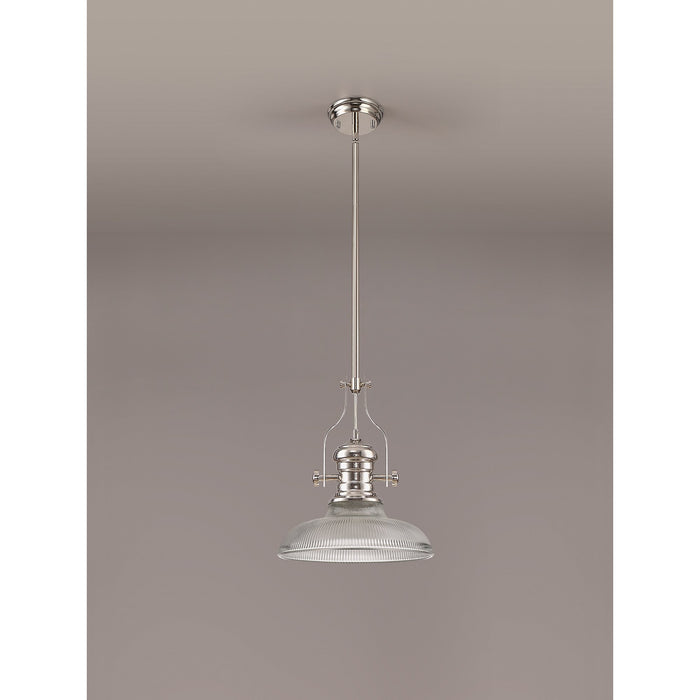 Nelson Lighting NLK01289 Louis 1 Light Telescopic Pendant With 30cm Round Glass Shade Polished Nickel/Clear