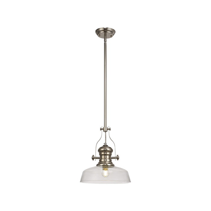 Nelson Lighting NLK01339 Louis 1 Light Telescopic Pendant With 30cm Flat Round Glass Shade Polished Nickel/Clear