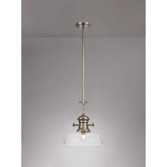 Nelson Lighting NLK01339 Louis 1 Light Telescopic Pendant With 30cm Flat Round Glass Shade Polished Nickel/Clear