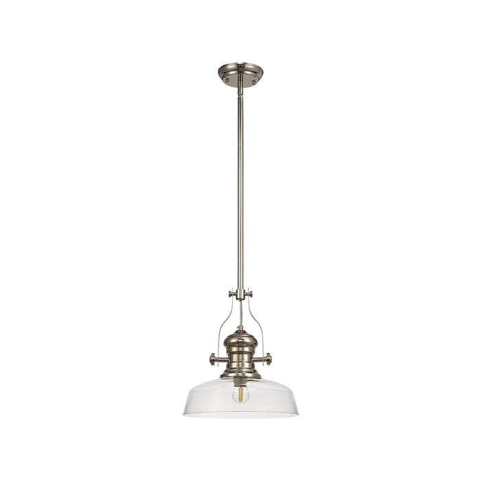 Nelson Lighting NLK01339 Louis 1 Light Telescopic Pendant With 30cm Flat Round Glass Shade Polished Nickel/Clear