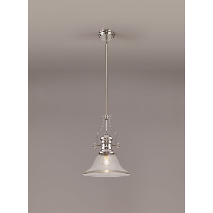 Nelson Lighting NLK01349 Louis 1 Light Telescopic Pendant With 30cm Smooth Bell Glass Shade Polished Nickel/Clear
