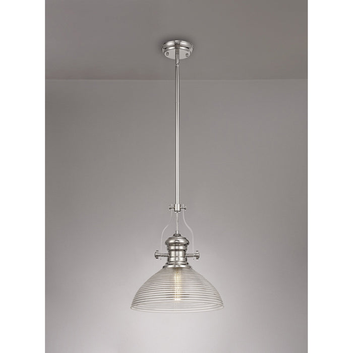 Nelson Lighting NLK01369 Louis 1 Light Telescopic Pendant With 33.5cm Prismatic Glass Shade Polished Nickel/Clear