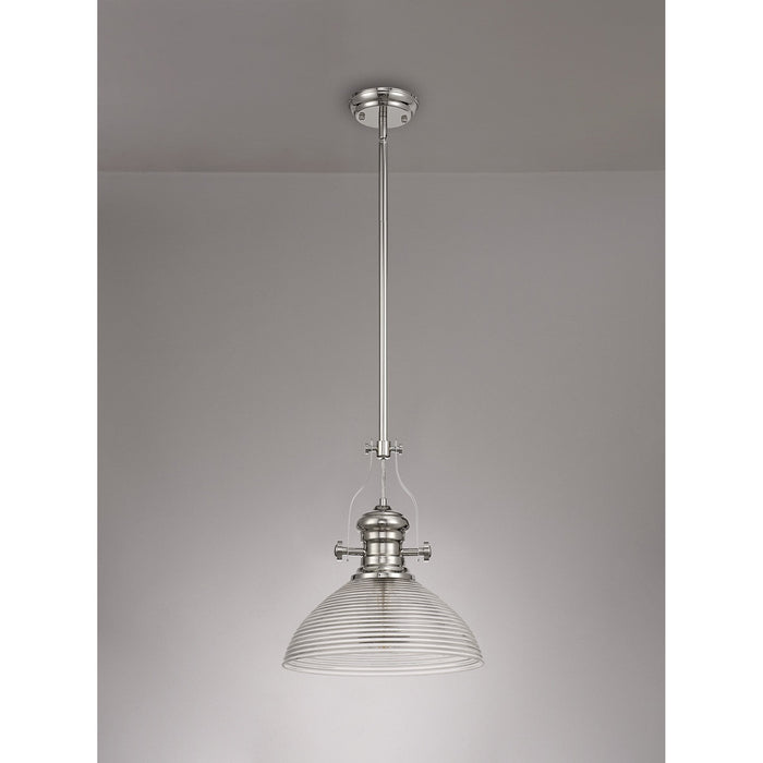 Nelson Lighting NLK01369 Louis 1 Light Telescopic Pendant With 33.5cm Prismatic Glass Shade Polished Nickel/Clear