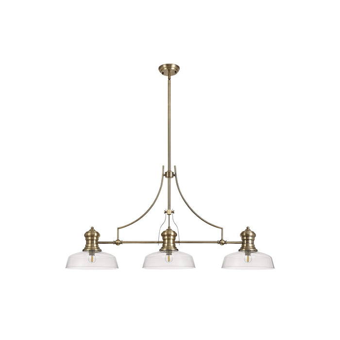 Nelson Lighting NLK03599 Louis 3 Light Telescopic Pendant With 30cm Flat Round Glass Shade Antique Brass/Clear