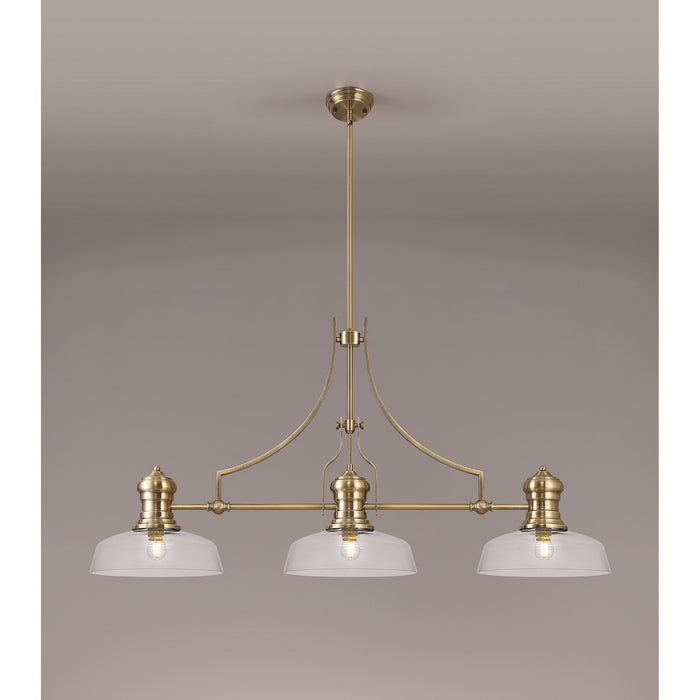 Nelson Lighting NLK03599 Louis 3 Light Telescopic Pendant With 30cm Flat Round Glass Shade Antique Brass/Clear