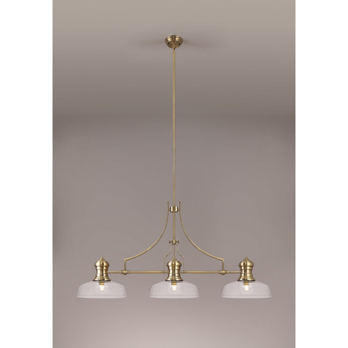 Nelson Lighting NLK03599 Louis 3 Light Telescopic Pendant With 30cm Flat Round Glass Shade Antique Brass/Clear