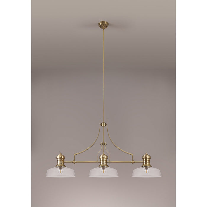 Nelson Lighting NLK03599 Louis 3 Light Telescopic Pendant With 30cm Flat Round Glass Shade Antique Brass/Clear