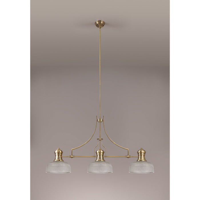 Nelson Lighting NLK03619 Louis 3 Light Telescopic Pendant With 26.5cm Prismatic Glass Shade Antique Brass/Clear