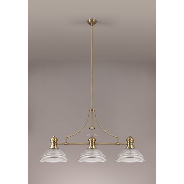 Nelson Lighting NLK03629 Louis 3 Light Telescopic Pendant With 33.5cm Prismatic Glass Shade Antique Brass/Clear