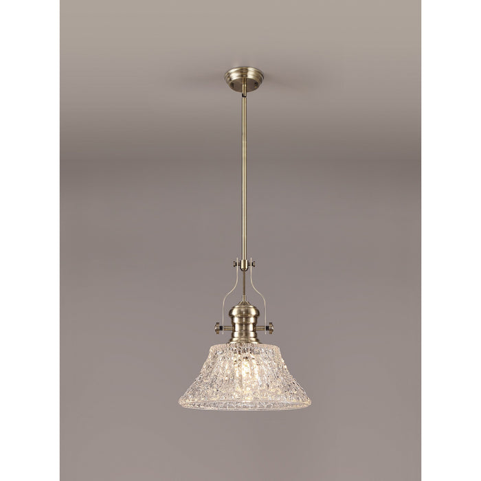 Nelson Lighting NLK04619 Louis Pendant With 38cm Patterned Round Shade Antique Brass/Clear Glass