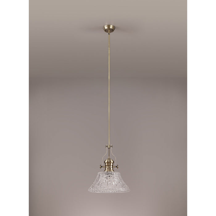 Nelson Lighting NLK04619 Louis Pendant With 38cm Patterned Round Shade Antique Brass/Clear Glass