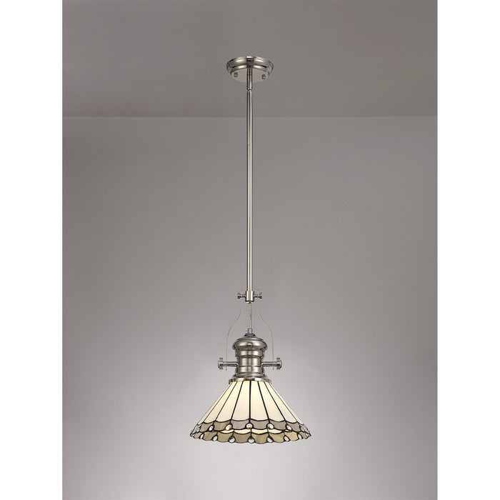 Nelson Lighting NLK04649 Louis/Umbrian 1 Light Telescopic Pendant With 30cm Tiffany Shade Polished Nickel/Grey/CRome/Crystal