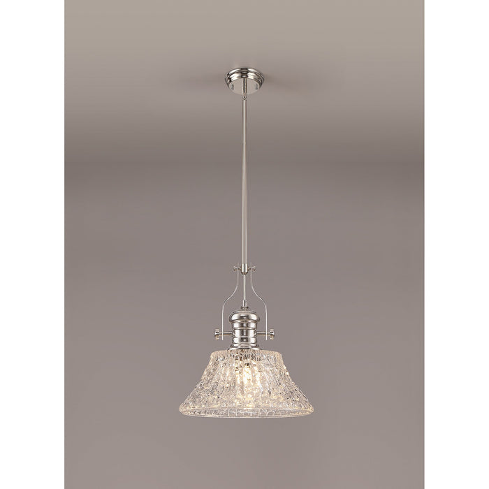 Nelson Lighting NLK04659 Louis Pendant With 38cm Patterned Round Shade Polished Nickel/Clear Glass