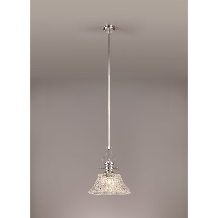 Nelson Lighting NLK04659 Louis Pendant With 38cm Patterned Round Shade Polished Nickel/Clear Glass