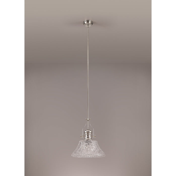 Nelson Lighting NLK04659 Louis Pendant With 38cm Patterned Round Shade Polished Nickel/Clear Glass