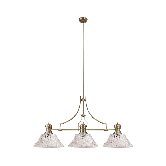 Nelson Lighting NLK04749 Louis Linear Pendant With 38cm Patterned Round Shade Antique Brass/Clear Glass