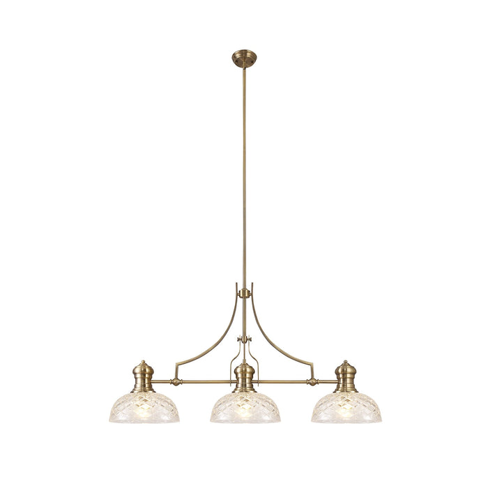 Nelson Lighting NLK04809 Louis Linear Pendant With 30cm Flat Round Patterned Shade Antique Brass/Clear Glass