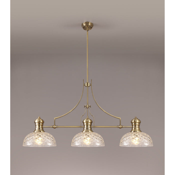 Nelson Lighting NLK04809 Louis Linear Pendant With 30cm Flat Round Patterned Shade Antique Brass/Clear Glass