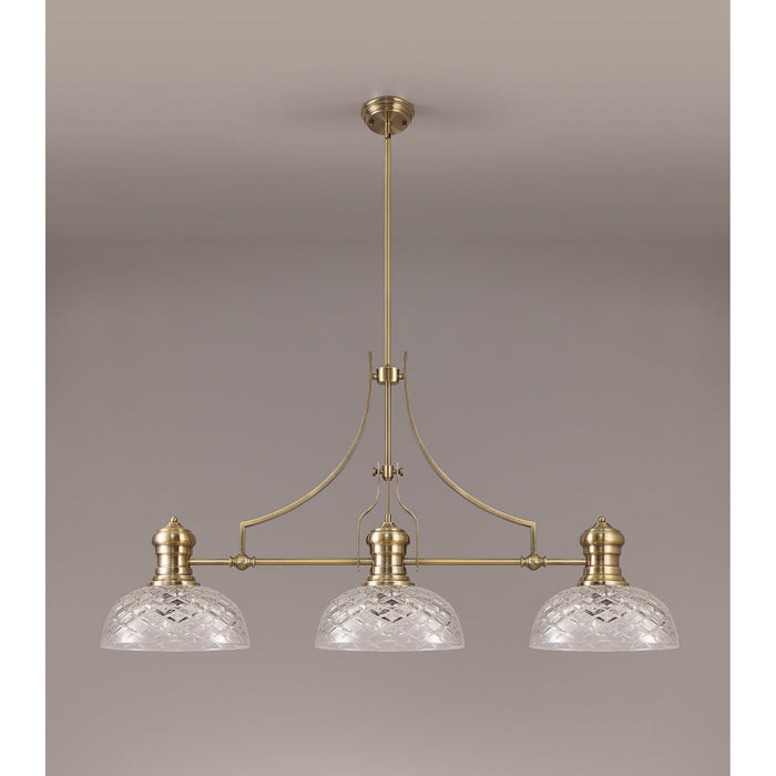 Nelson Lighting NLK04809 Louis Linear Pendant With 30cm Flat Round Patterned Shade Antique Brass/Clear Glass