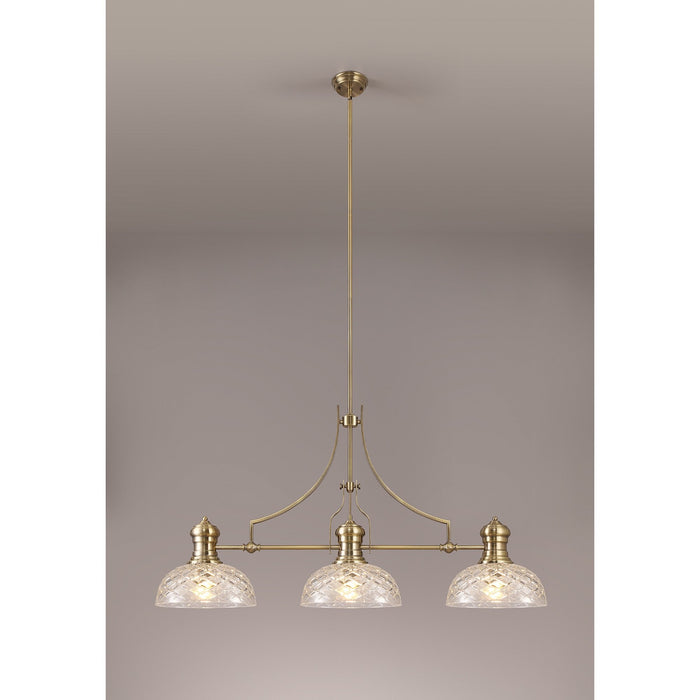 Nelson Lighting NLK04809 Louis Linear Pendant With 30cm Flat Round Patterned Shade Antique Brass/Clear Glass