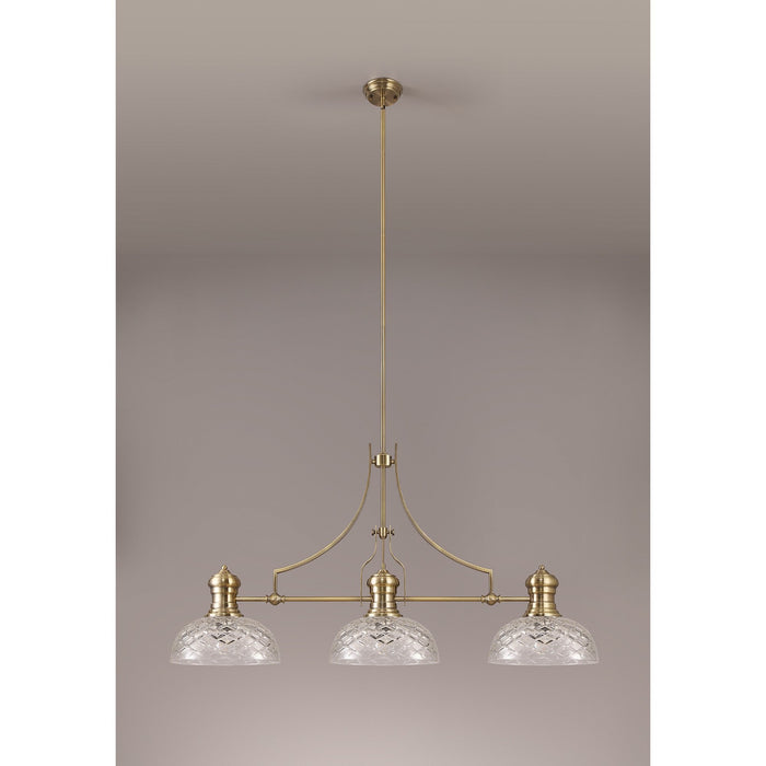 Nelson Lighting NLK04809 Louis Linear Pendant With 30cm Flat Round Patterned Shade Antique Brass/Clear Glass