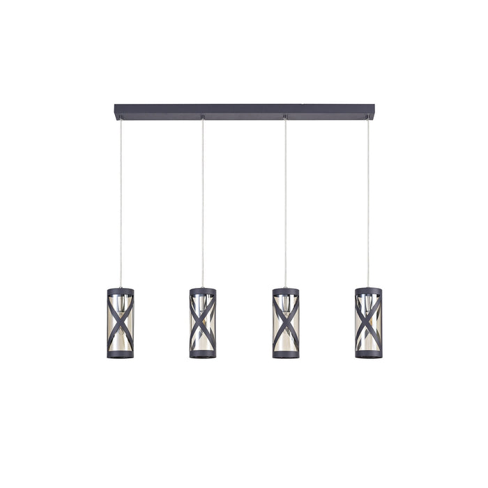 Nelson Lighting NL81159 Nivarna 4 Light Bar Linear Pendant Matt Grey/Polished Chrome/Cognac