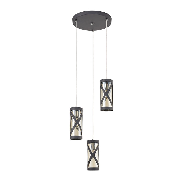 Nelson Lighting NL81169 Nivarna 3 Light Round Pendant Matt Grey/Polished Chrome/Cognac