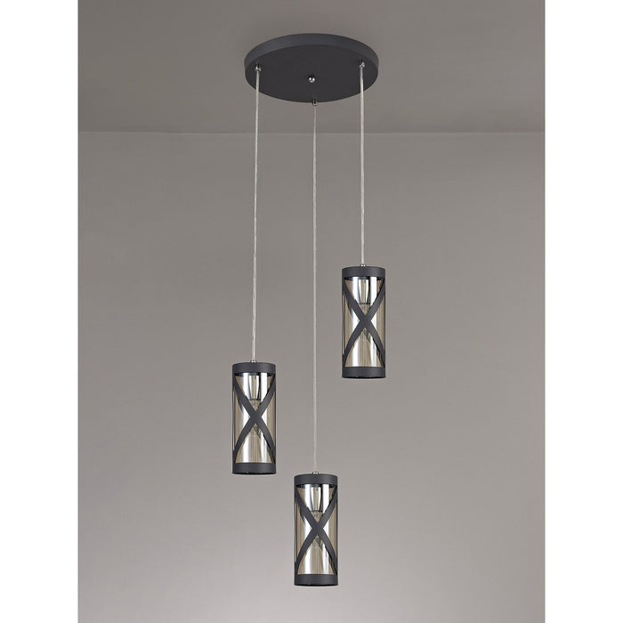 Nelson Lighting NL81169 Nivarna 3 Light Round Pendant Matt Grey/Polished Chrome/Cognac