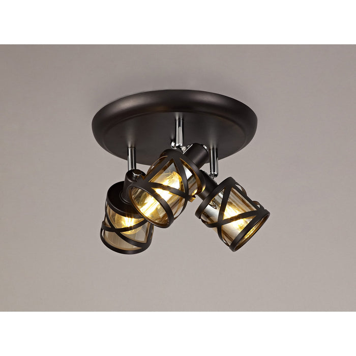 Nelson Lighting NL81449 Nivarna 3 Light Round Spot Light Oiled Bronze/Polished Chrome/Amber