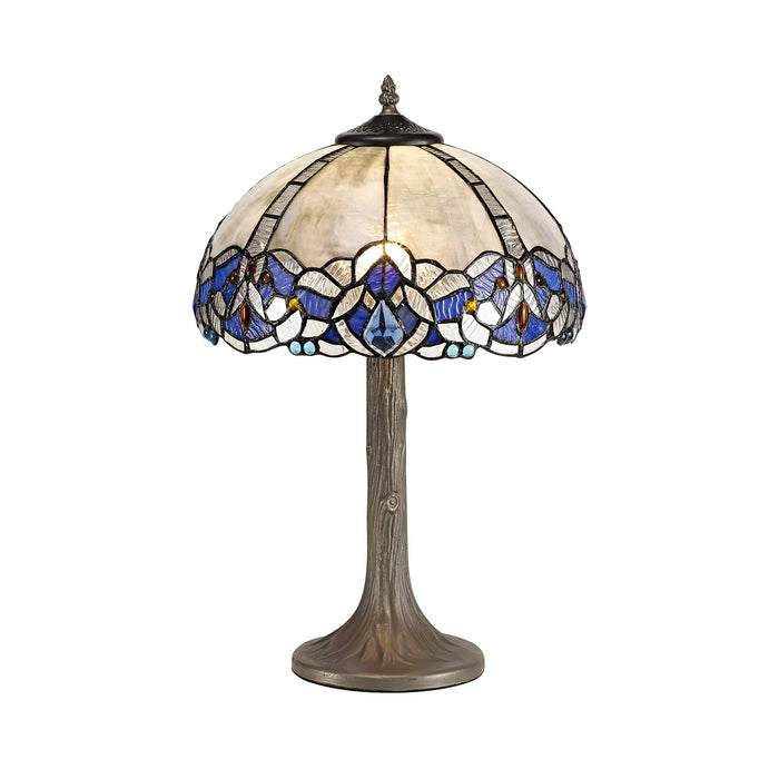 Nelson Lighting NLK01439 Ossie 1 Light Tree Like Table Lamp With 30cm Tiffany Shade Blue/Clear Crystal/Aged Antique Brass