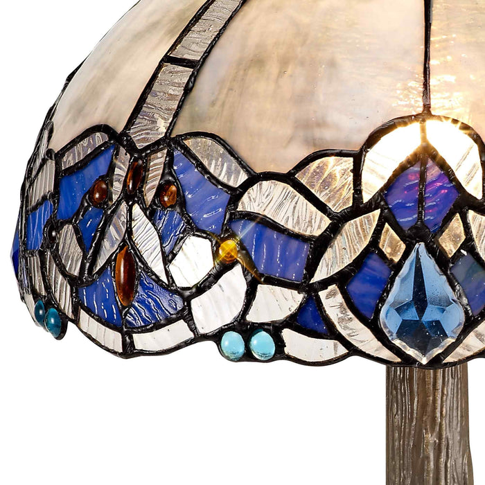 Nelson Lighting NLK01439 Ossie 1 Light Tree Like Table Lamp With 30cm Tiffany Shade Blue/Clear Crystal/Aged Antique Brass