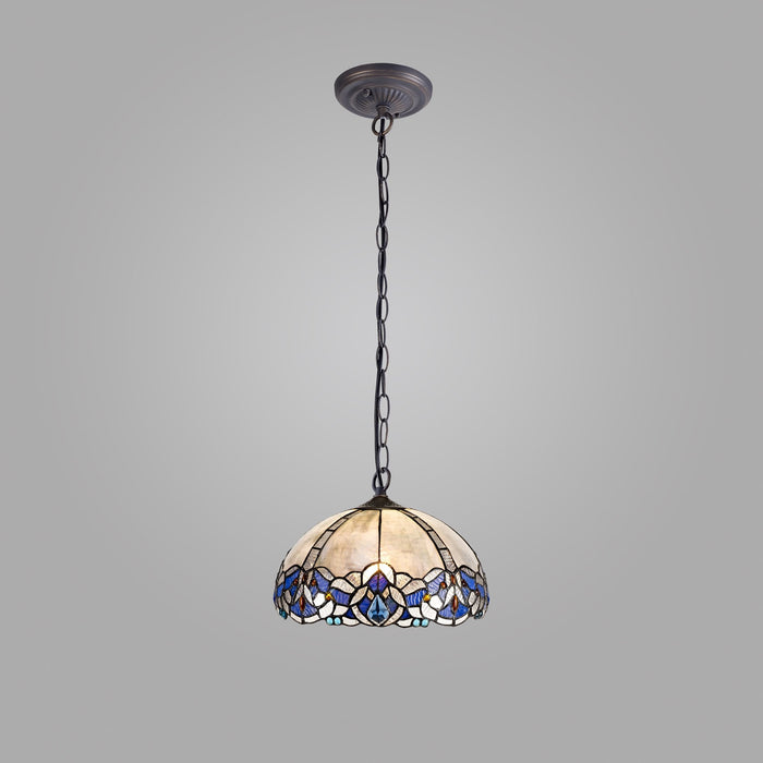 Nelson Lighting NLK01469 Ossie 1 Light Down Light Pendant With 30cm Tiffany Shade Blue/Clear Crystal/Aged Antique Brass