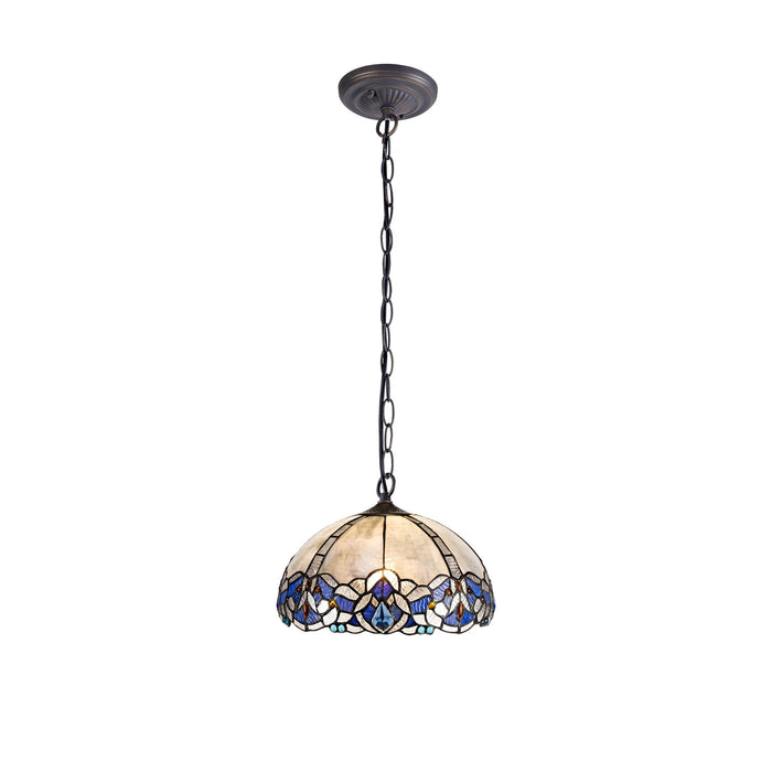 Nelson Lighting NLK01469 Ossie 1 Light Down Light Pendant With 30cm Tiffany Shade Blue/Clear Crystal/Aged Antique Brass