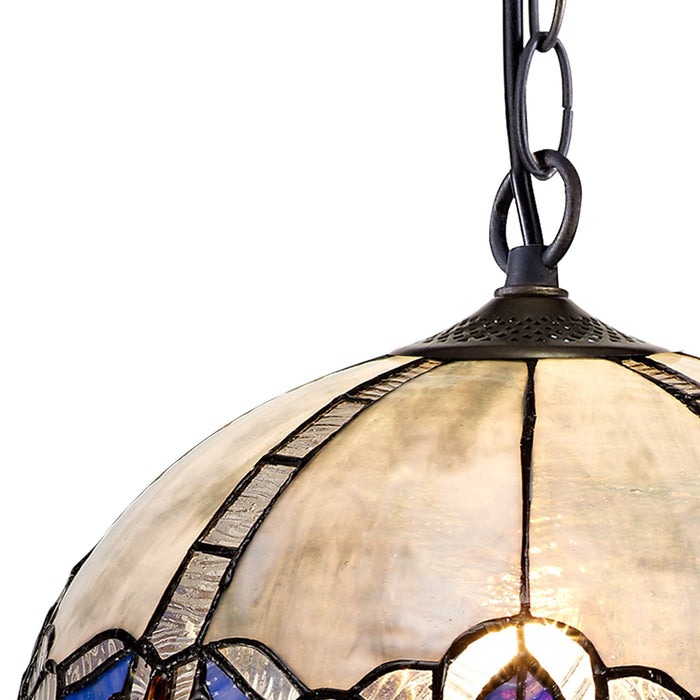 Nelson Lighting NLK01469 Ossie 1 Light Down Light Pendant With 30cm Tiffany Shade Blue/Clear Crystal/Aged Antique Brass