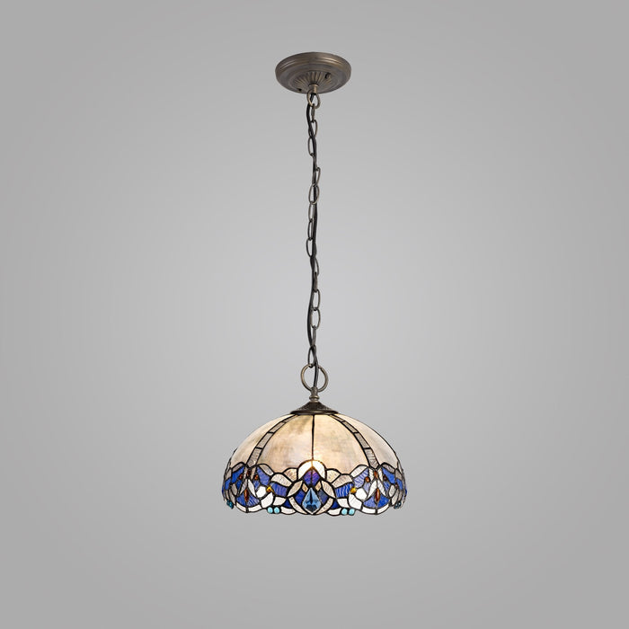 Nelson Lighting NLK01489 Ossie 3 Light Down Light Pendant With 30cm Tiffany Shade Blue/Clear Crystal/Aged Antique Brass