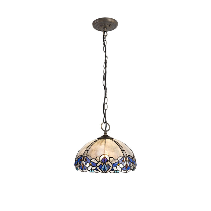 Nelson Lighting NLK01489 Ossie 3 Light Down Light Pendant With 30cm Tiffany Shade Blue/Clear Crystal/Aged Antique Brass