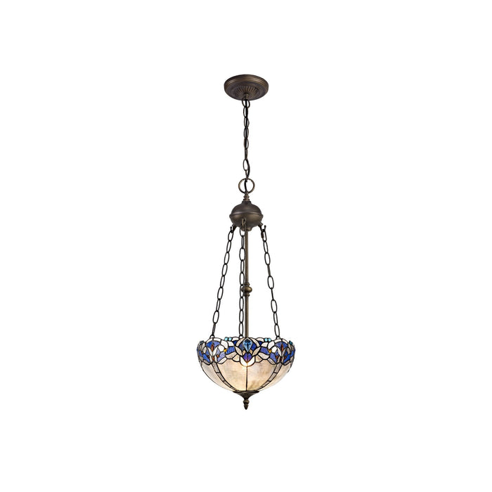 Nelson Lighting NLK01519 Ossie 2 Light Up Lighter Pendant With 30cm Tiffany Shade Blue/Clear Crystal/Aged Antique Brass