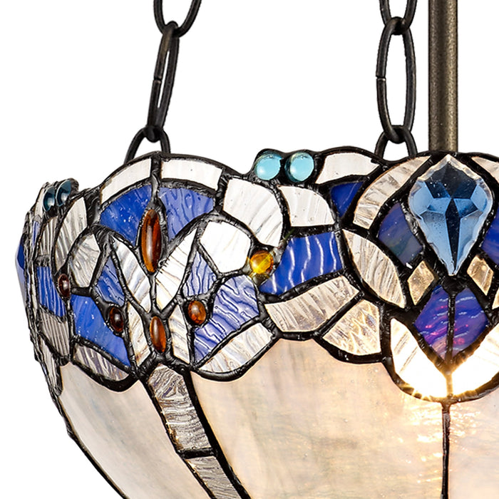 Nelson Lighting NLK01519 Ossie 2 Light Up Lighter Pendant With 30cm Tiffany Shade Blue/Clear Crystal/Aged Antique Brass